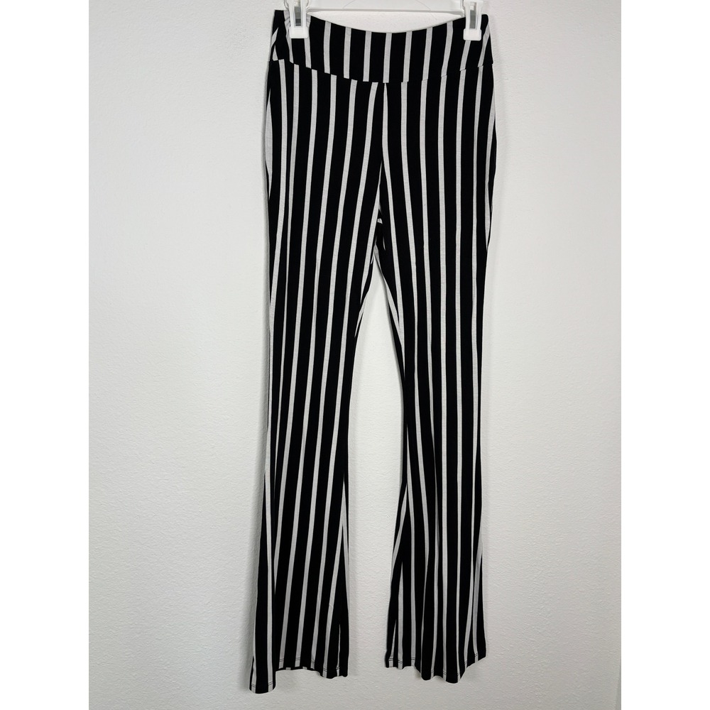 Charlotte Russe Black White Vertical Stripe Flare Leg Pants Medium High Rise - Picture 1 of 5